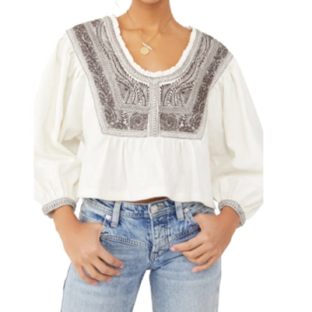 Free People Womens M Iggie Embroidered Blouse in Ivory/Black Bean NEW
